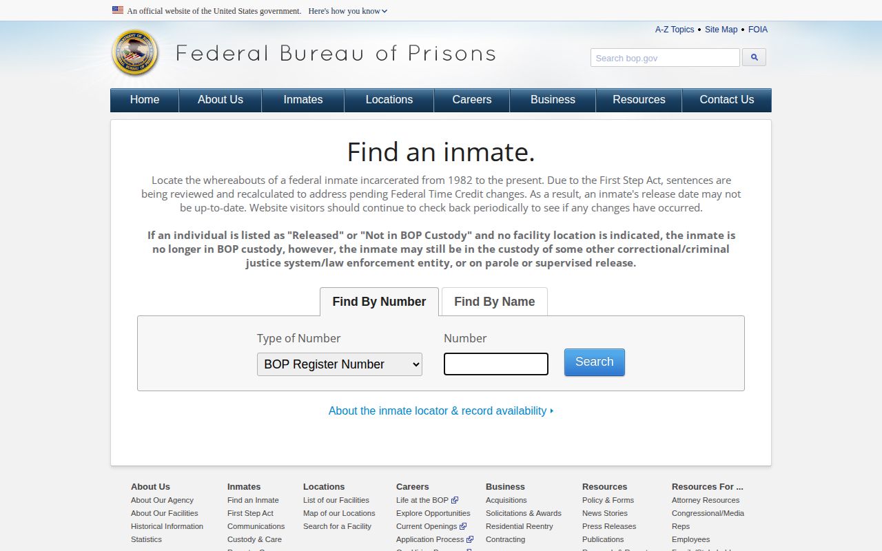 Federal Bureau of Prisons inmate locator for custody and archive questions