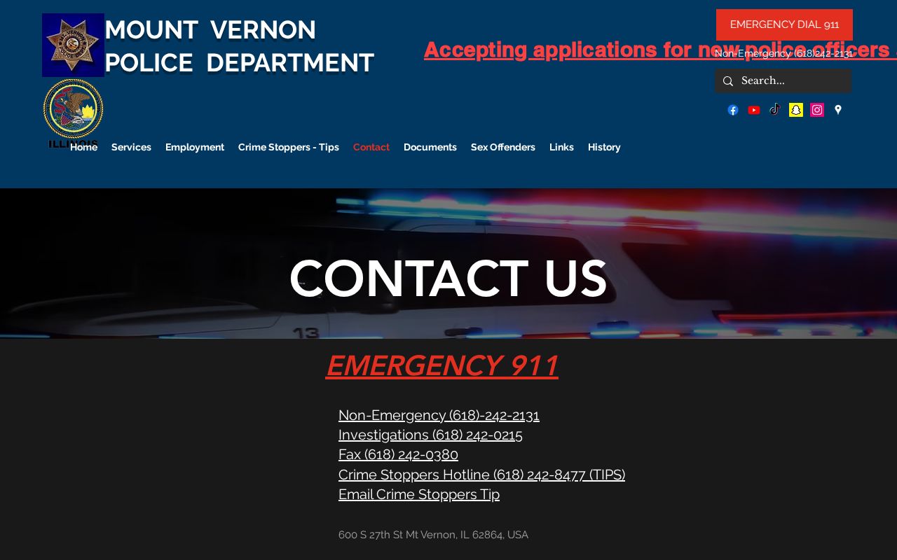 Mount Vernon Police Department contact page for police records and arrest information